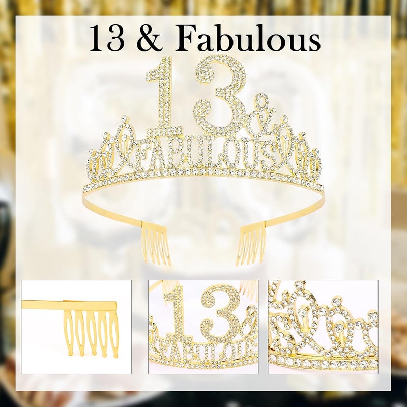 Hapdoo 13th Birthday Decorations Set - Gold 13th Birthday Crown and Sash with Tiara for Her - Image 3
